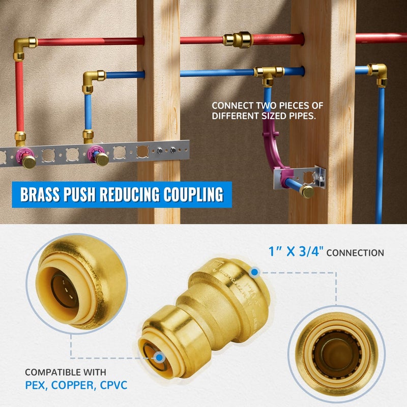 SUNGATOR Reducing Coupling, 1 Inch x 3/4 Inch Straight Coupling, No Lead Brass Push to Connect Plumbing Fitting for PEX Pipe, Copper, CPVC, With 2 Disconnect Clips, Pack of 2 - Image 5